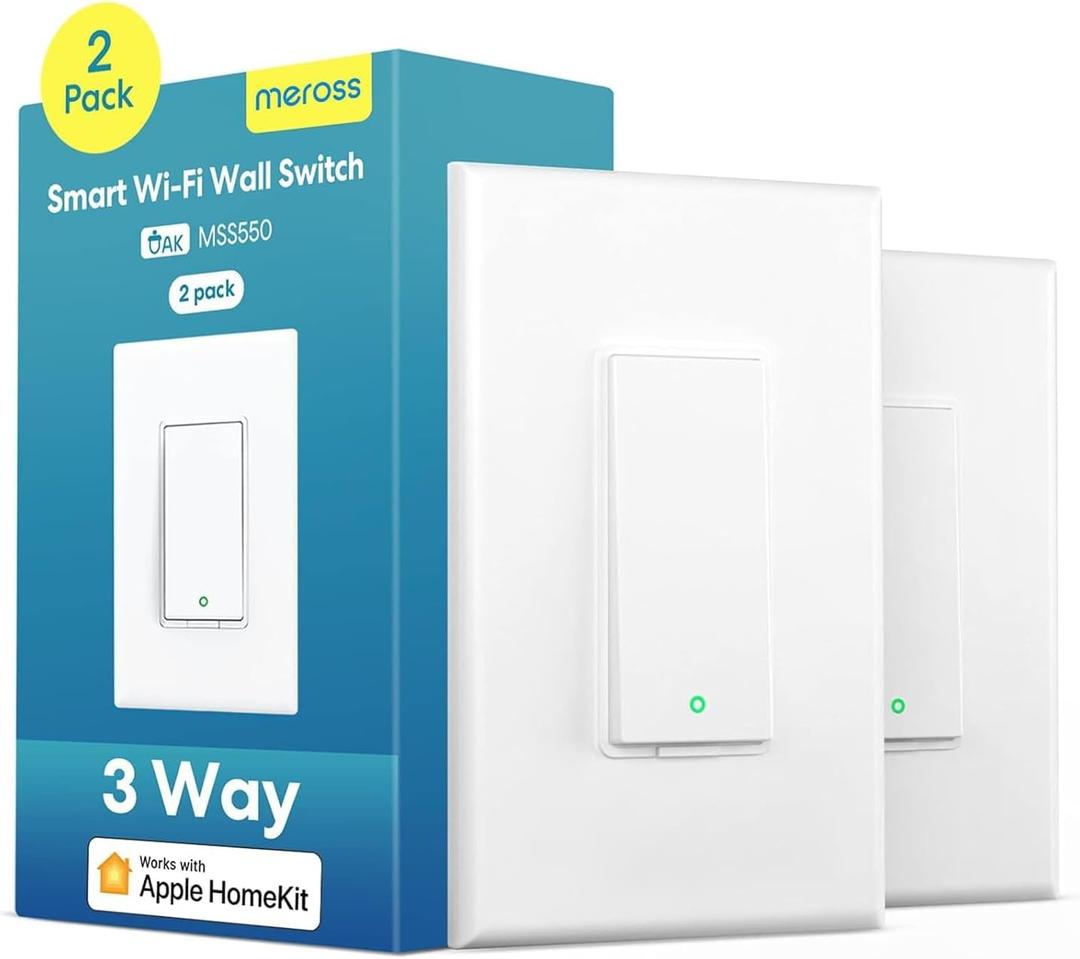 3 Way Smart Switch, Meross Smart Light Switch Supports Apple HomeKit, Siri, Alexa, Google Assistant & SmartThings, 2.4Ghz WiFi Light Switch Neutral Wire Required, Remote Control Timer 2 Pack