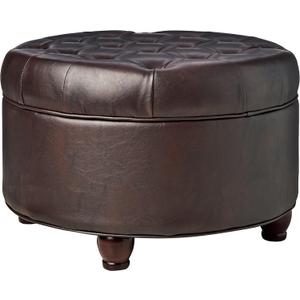 Homepop Home Decor | Button Tufted Faux Leather Round Storage Ottoman | Ottoman with Storage for Living Room & Bedroom (Distressed Brown)