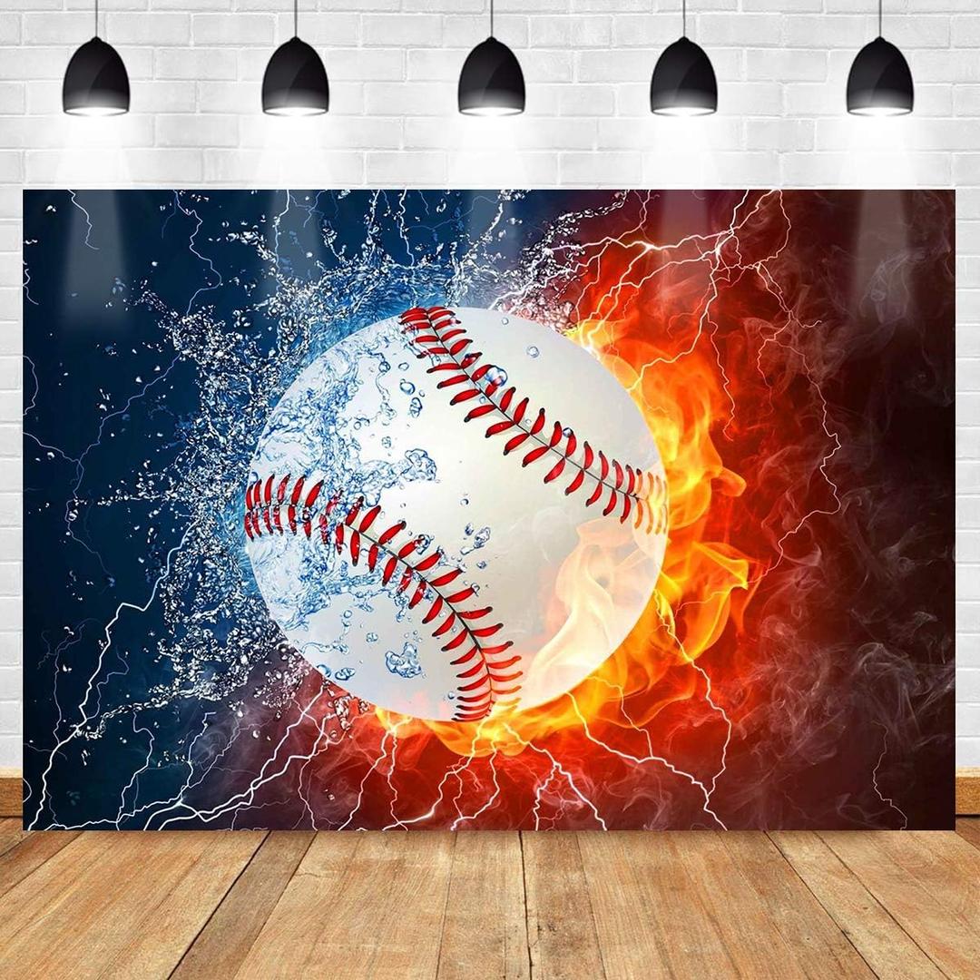 Ice and Fire Baseball Background, 7x5ft, Polyester, Pole-Pocket Design, for Fans Party Photography, Birthday Decoration Banner