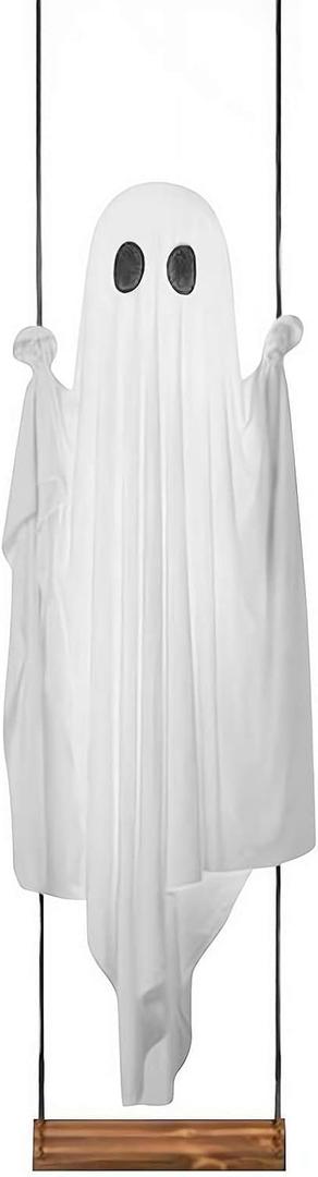 Swinging Ghost Outdoor Decor - Remote Control Large Hanging Motion Activated Ghost with String Lights for Halloween Tree, Porch, Yard, and Garden Display