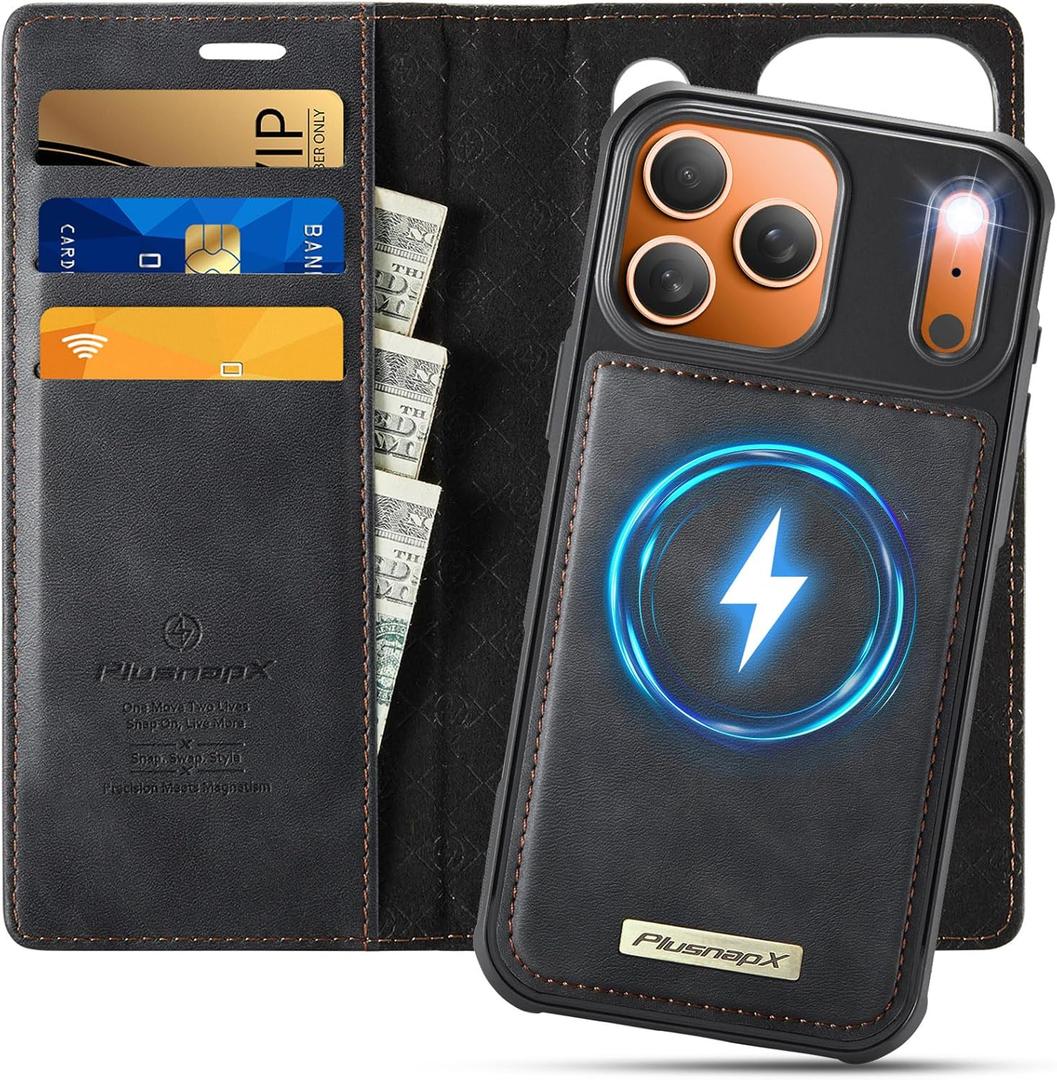 Wallet Case for iPhone 17 Pro Compatible with Magsafe, 2-in-1 PU Leather Flip RFID Blocking Card Holder Stand Shockproof Magnetic Detachable Cover for iPhone 17 Pro Case 6.3", Black