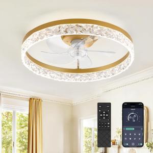LEDIARY 20" Modern Ceiling Fans with Lights and Remote, Dimmable Low Profile Ceiling Fan, Flush Mount Fan, Stepless Color Temperature Change and 6 Speeds - Gold