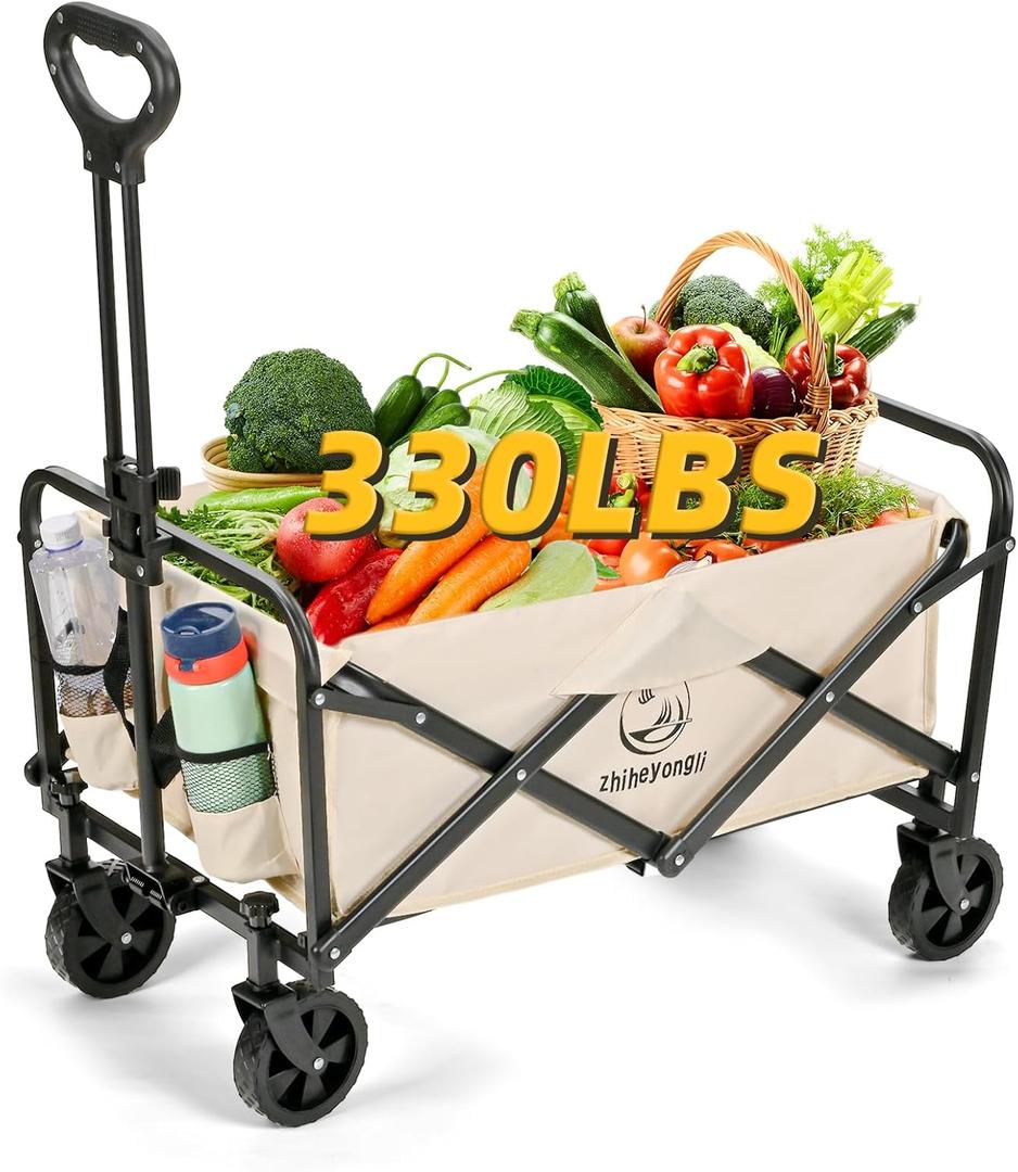 Folding Wagon Cart, Portable Large Capacity BeachHeavy Duty Utility Collapsible with All-Terrain WheelsCart Foldable Wagon for Camping,Shopping,Beach, Garden(Beige)