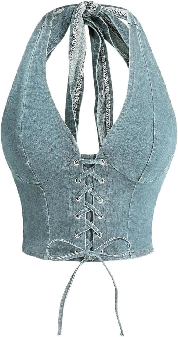 MakeMeChic Women's Denim Corset Top Halter Backless Shirred Y2K Crop Tops S