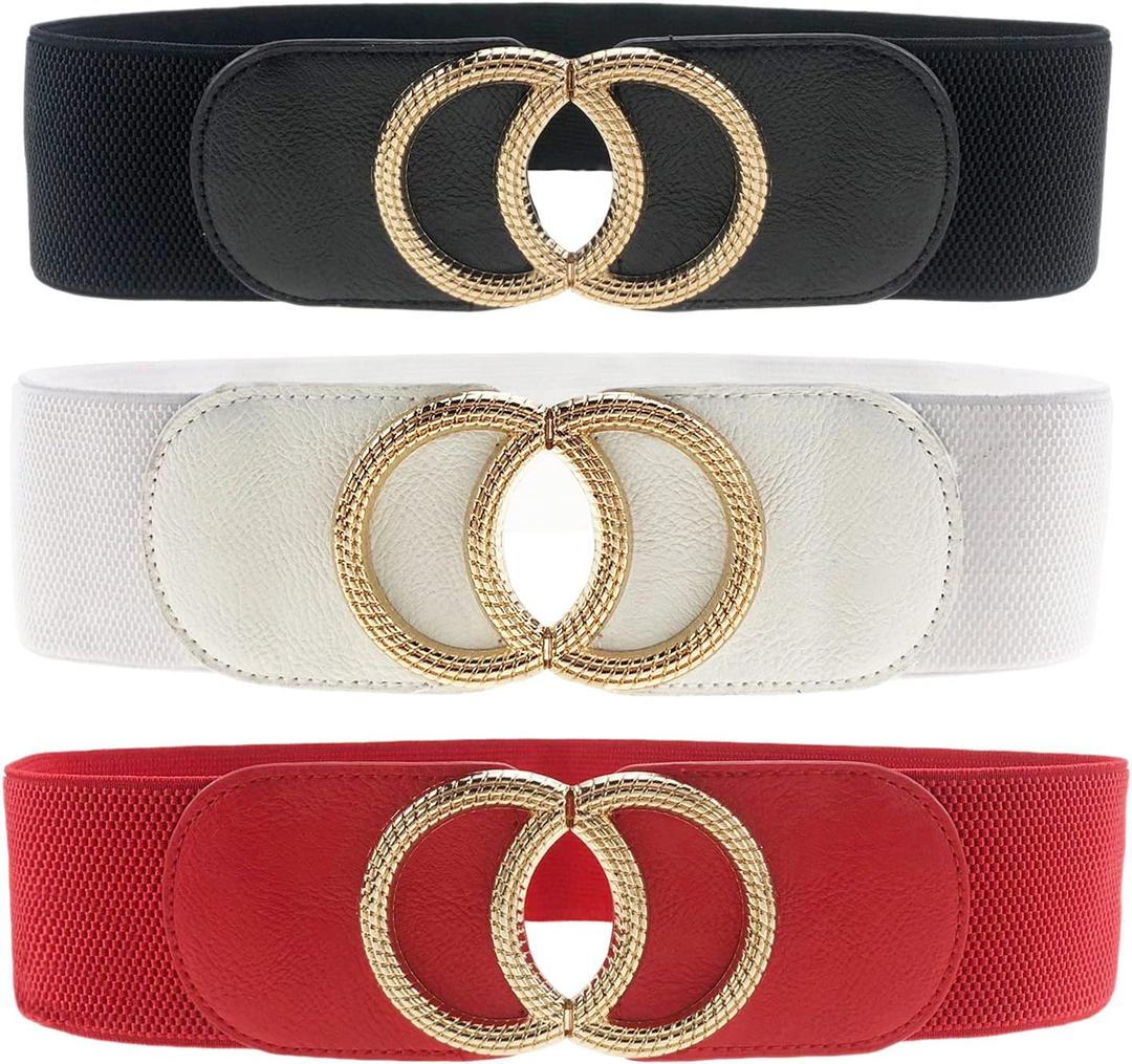 Swtddy 3 Pack Womens Vintage Wide Elastic Stretch Waist Belt For Dresses (Golden O Design Black+white+red)
