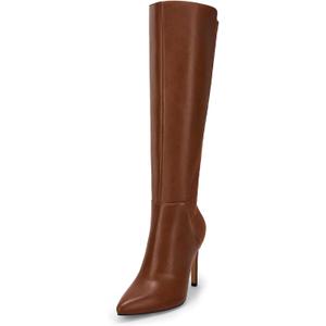 Rilista Womens Knee High Boots Sexy Pointed Toe Stiletto Heel Boot Leather Zipper Dress Shoes (8.5, Brown)
