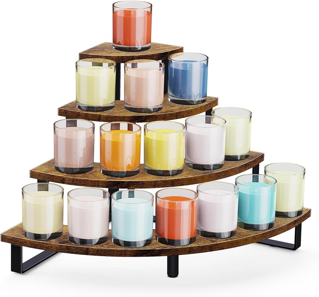 ELITEROO Tiered Display Stand, Wooden Display Risers, 4 Tier Display Shelf for Vendors Retail Craft Show Market, Table Top Display Rack for Cupcakes Perfume Figures Candles Makeup, Curved Corner