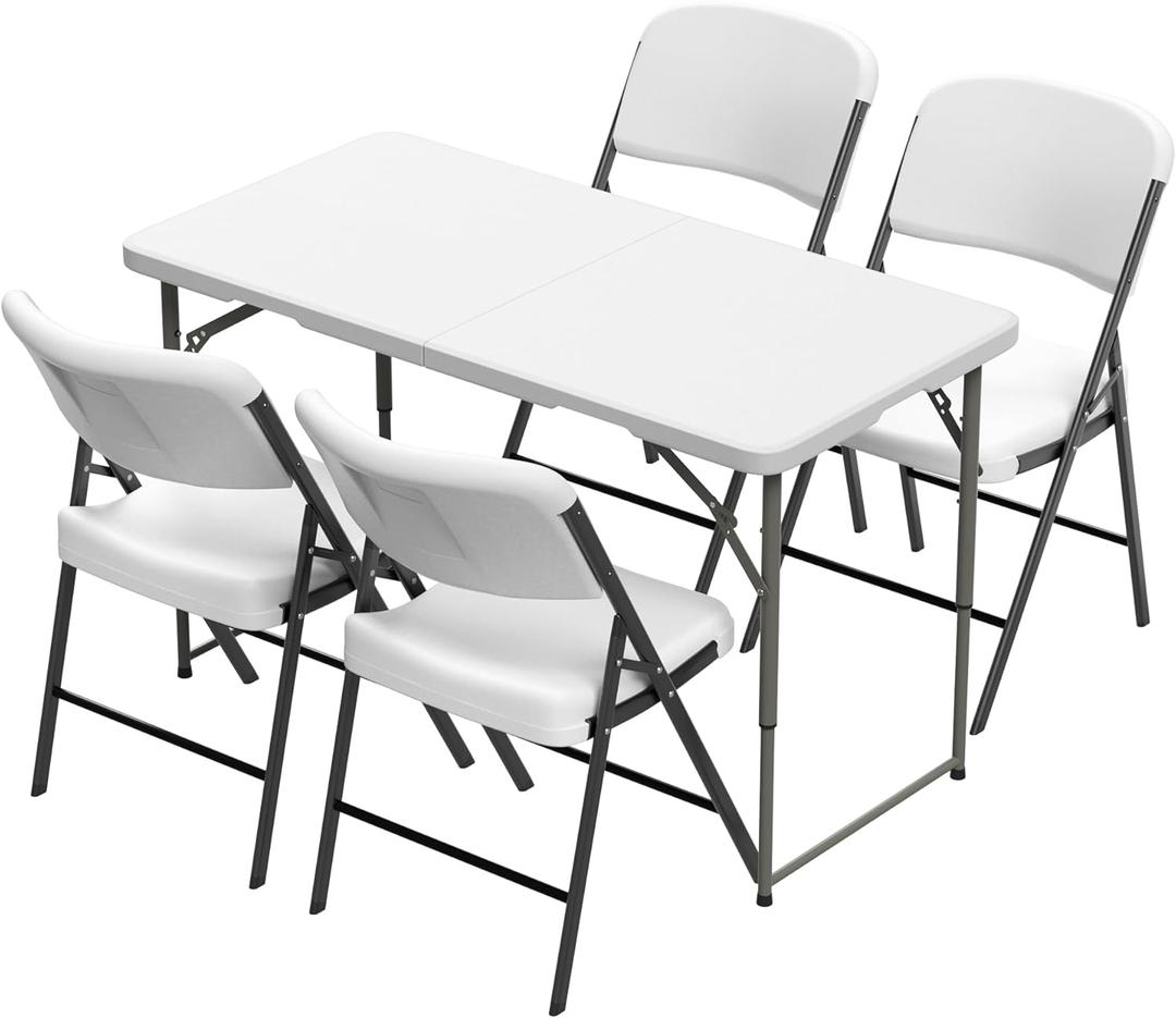 Elevon Folding Table Set with 4 White Folding Chairs,4 Feet Heavy Duty Fold-in-Half Utility Table Sets for Picnic, Event, Training, Outdoor Activities, at Home and Commercial Use