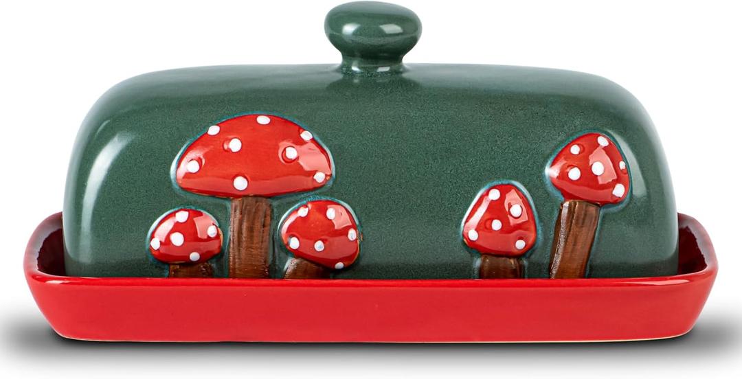 Mushroom Ceramic Butter Dish With Lid for Countertop - Red Container Tray, Large Covered