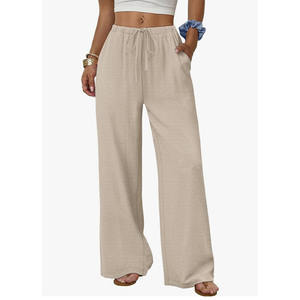 Sampeel Wide Leg Pants for Women Flowy Palazzo Drawstring Elastic Waist Trousers with Pockets Summer Beach Vacation Clothes L