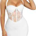 Floerns Women's Sleeveless Contrast Lace Halter Dress Tie Back Party Bodycon Mini Dress White, Large