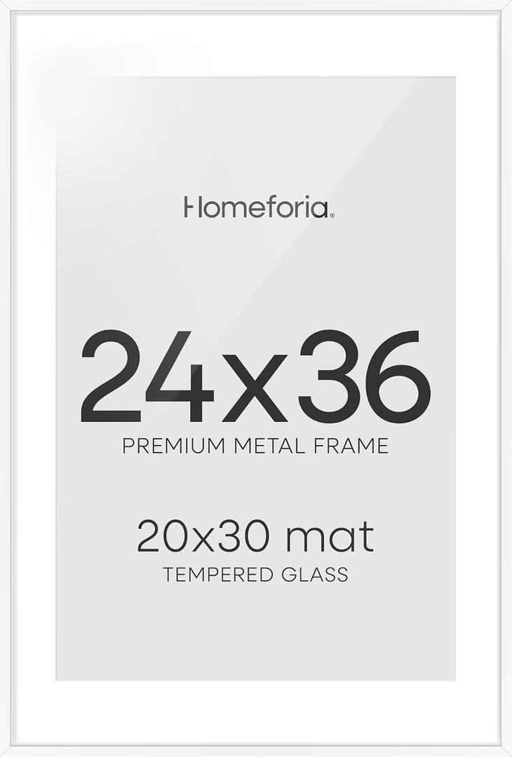 Homeforia 24x36 White Poster Frame, High-End Metal, 20x30 Mat, Glass, Soft White, 24x36, 2