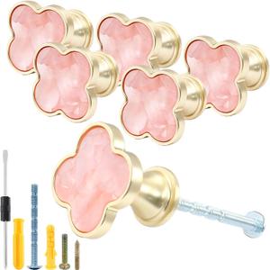 6 Pack Cabinet Knobs - Clover Decorative Drawer Knobs, Brushed Gold Kitchen Cabinet Pulls, Vanity Drawer Handles for Closet, Cupboard, Pantry (Pink)