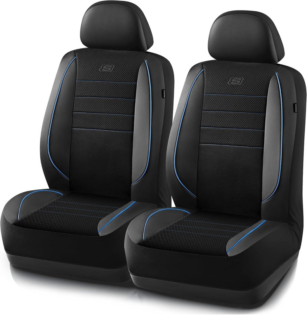 Skechers Air-Cooled Memory Foam Seat Covers,Mesh Thick Car Seat Covers,Piping Leather Car Seat Covers Front Seats,Airbag Compatible,Automotive Comfort Universal Fit Most Cars,Vans,Truck,SUV,Blue