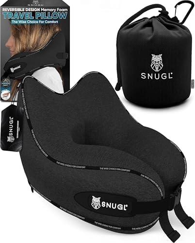 SNUGL Travel Pillow – Memory Foam Pillows - Neck Pillow for Airplane with Carry Bag & Clip – Neck Support Pillows for Pain Relief - Airplane Travel Essentials (Adult Regular - Black)