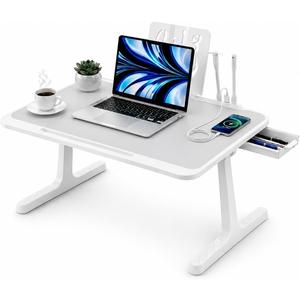 USB-C LED Light Foldable Lap Desk with LED Lamp, Cooling Fan & Book Stand — Portable Bed Laptop Table with Side Drawer, Phone & Tablet Holder, Fast Charging Port