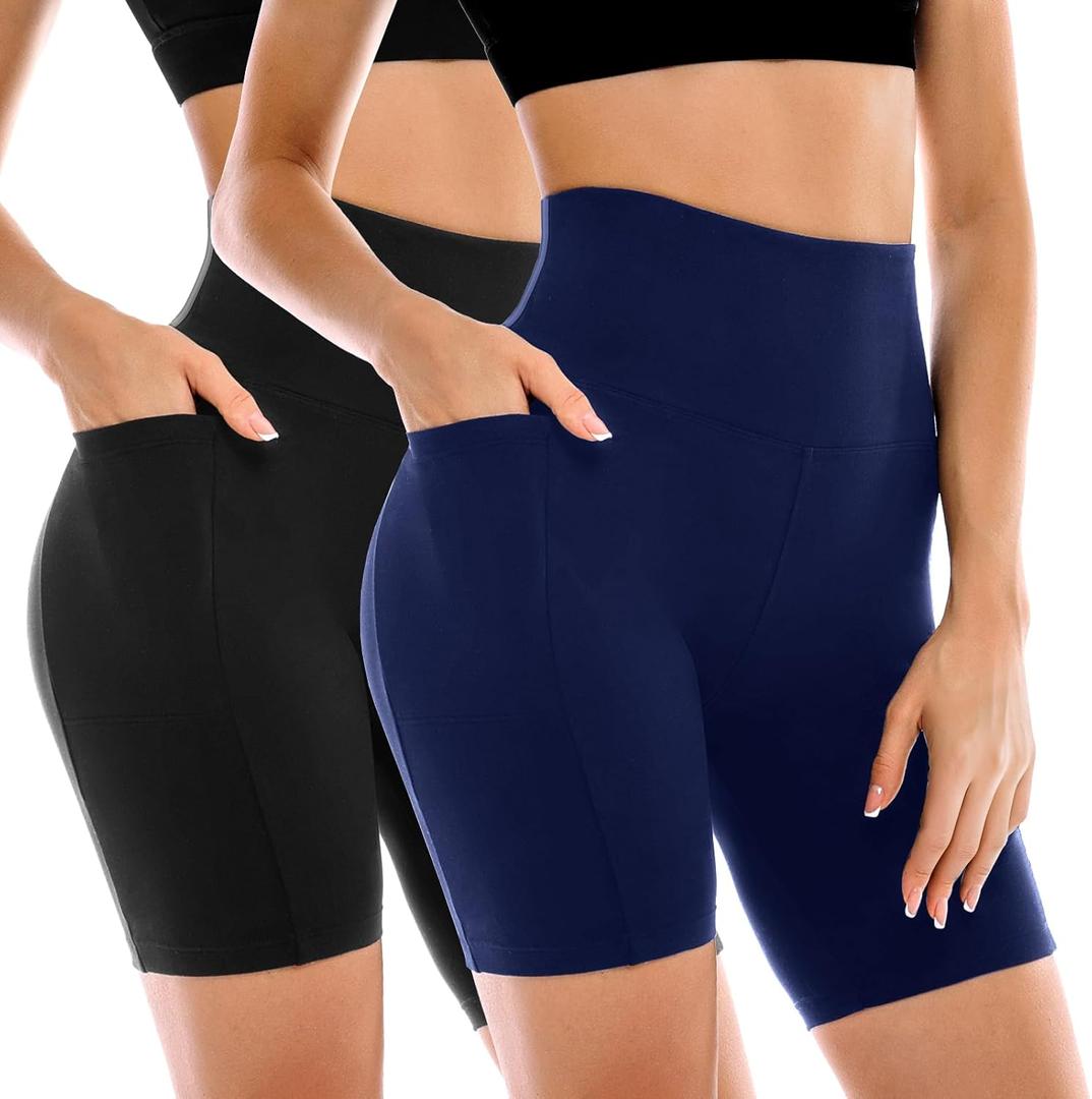 Leafigure 2 Pack Womens Biker Shorts with Pockets, High Waisted Tummy Control Yoga Shorts for Women Running Gym and Workout, Size S-M
