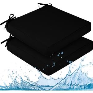 downluxe Waterproof Outdoor Chair Cushions for Patio Furniture, 24" x 24" x 4" Patio Chair Cushion with Adjustable Ties & Portable Handle, Square Outdoor Cushion with Removable Cover, Black, 2 Pack
