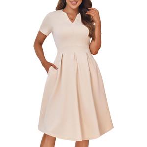 YATHON Womens Elegant Print Notched Neck Slant Pocket Pleated Hem Casual A-Line Dress (XL)