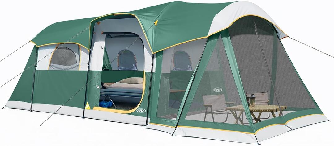 UNP Camping Tent 8 Person Waterproof Big Tunnel Tent with Screen Porch,Family Outdoor Large Tents for Camping 20' x 9' x 80in(H) (Dark Green)