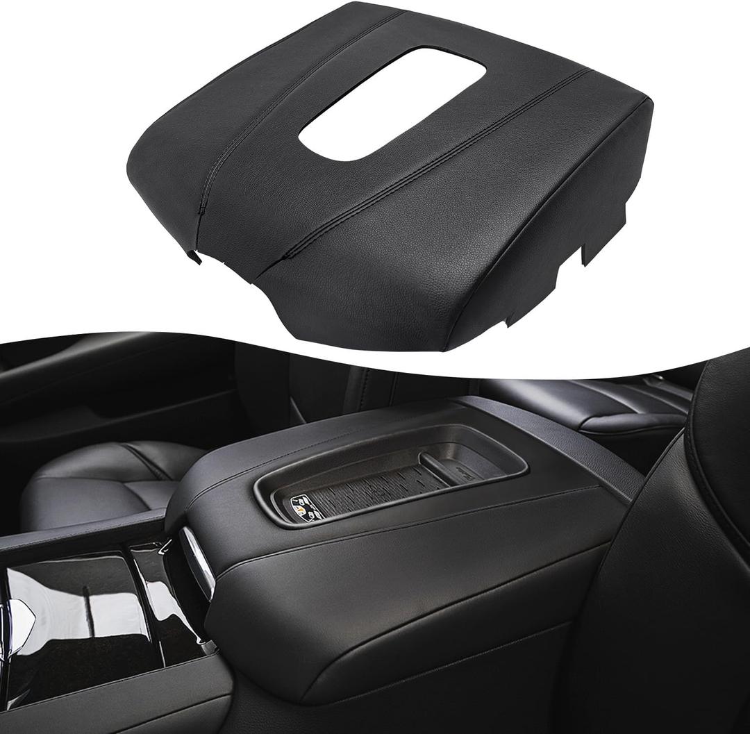 KBH Car Center Console Armrest Cover Replacement for Cadillac Escalade 2015 2016 2017 2018 2019 2020, Vinyl Leather Upholstery, Anti-Scratch, Black (Leather Part Only)