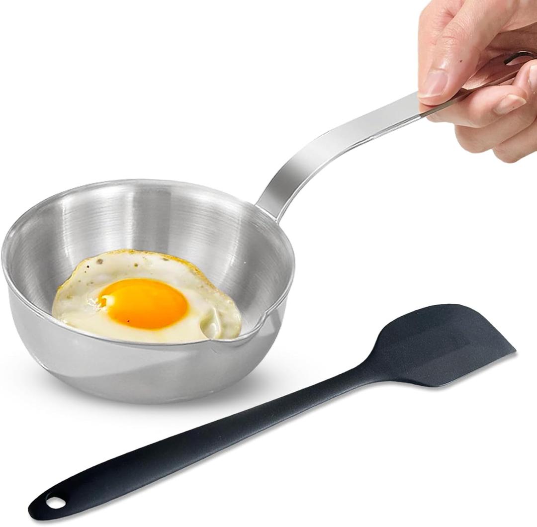 Mini Egg Pan, 304 Stainless Steel Omelet Pan, 5.1Inch Sauce Pan Mini Skillet for Butter Warmer Small Pot Cooking with 10.5" Scraper (Black)