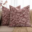 MIULEE Floral Pillow Covers 18x18 Set of 2, Neutral Linen Decorative Throw Pillow Covers for Sofa Couch Outdoor Living Room, Farmhouse Cushion Covers, Wine Red