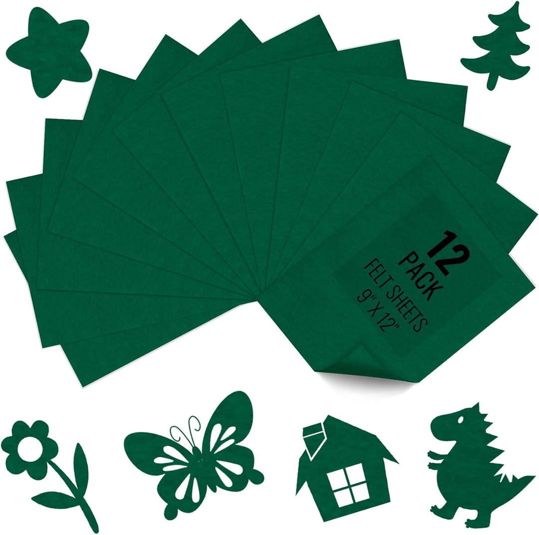12PCS Hunter Green Felt Fabric Sheets 9" x 12" - 1.6mm Thick Soft Felt for Craft Sewing DIY Patchwork Art Projects Decorations