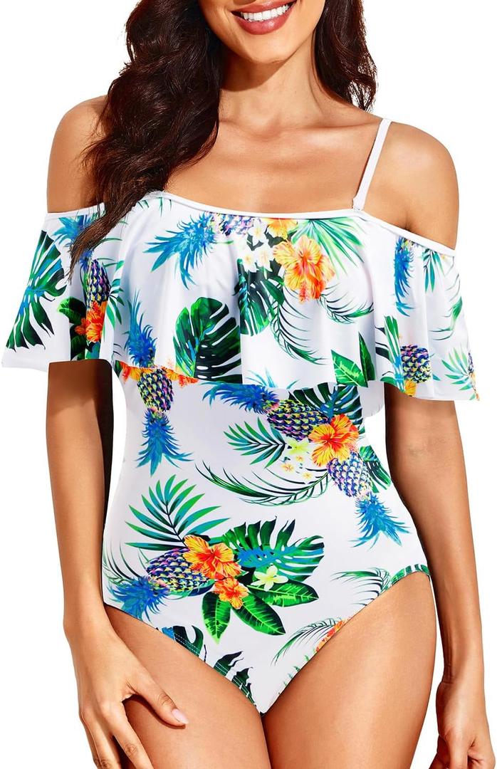 Tempt Me Off Shoulder One Piece Swimsuit for Women Ruffled Sleeves Retro Bathing Suits (Large)