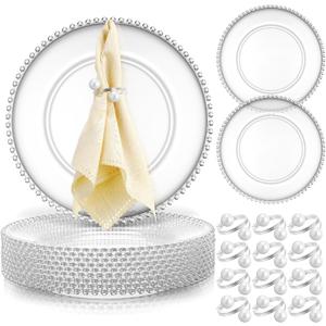 Tioncy 12 Set Clear Charger Plates Bulk Beaded Plastic Charger Plates 13 Inch, Napkin Rings, Acrylic Round Dinner Table Decorative Plate for Wedding Party Event (Clear and Silver)