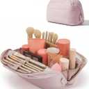BAGSMART Travel Makeup Bag for Women, Portable Fold-down Cosmetic Case, Puffy Padded Make Up Organizer Pouch, Water-resistant Toiletry Bag for Toiletries, Brushes (Baby Pink)