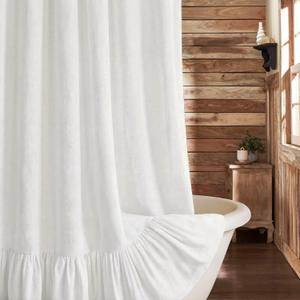 Farmhouse Shower Curtain Ruffle Linen White 54" W x 72" L | Farmhouse Boho, Bottom Ruffle, Cotton Fabric, Rustic, Country, Natural Look, Washable, Shower Curtain for Bathroom Bathtub