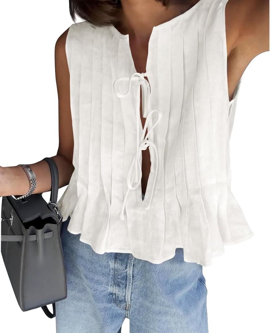 Cicy Bell Womens Bow Front Tie Tank Tops Pleated Babydoll Top Sleeveless Cute Coquette Shirt Summer Outfits (Large, White)