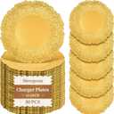 Showgeous Round Charger Plates 50 Pack 13” Gold Plastic Reef Rim large enough, complements any table arrangement, asymmetrical wavy edges and radial texture, Crafted from durable thick plastic