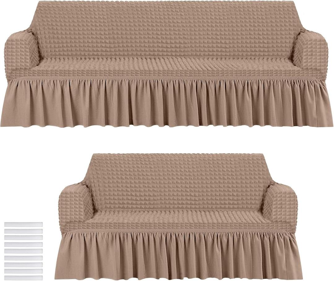 1 Pc Sofa Slipcover Set for Couch Cushion Couch Cover with Skirt Durable Washable High Elastic Stretchable Furniture Covers for Sofa Loveseat Arm Chair (Khaki, 35" x 60")