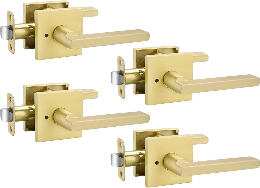 Goldenwarm Gold Door Handles Interior, Zinc Alloy Heavy Duty Brushed Gold Interior Door Handles for Bedroom Bathroom, Modern Square Privacy Door Levers (4 Pack)