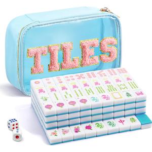 Soulchen American Mahjong Tiles Accessories Set 160 Pieces 1.2 Inches American Mahjong Tiles Game Set with Waterproof PVC Clear Zippered Storage Holder Bag for Game Lover Gift (Light Blue)