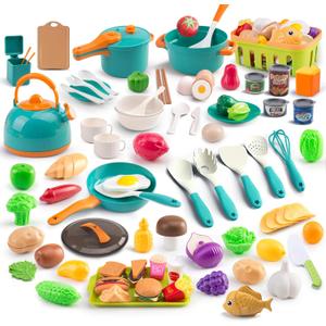 118Pcs Mini Play Kitchen Accessories for Kids, Pretend Cooking Playset with Cookware, Tableware & 2 Fruit Sets, Learning Gift for Girls, Boys, Toddlers, Green