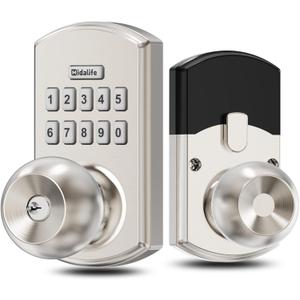 Hidalife Smart Door Knob with Keypad, Keyless Entry Door Lock for Front Door, Easy Passage Mode, One-time Code, Satin Nickel