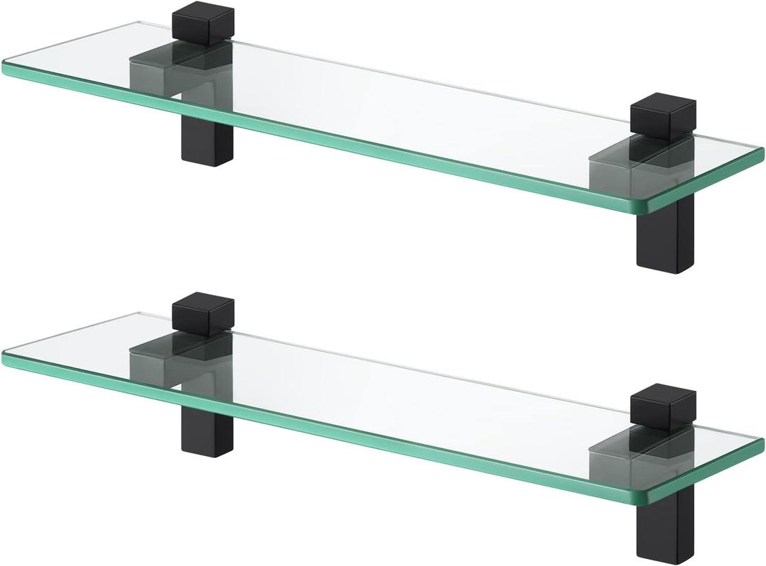 KES Glass Shelves for Bathroom 2 Pack, 16 Inch Tempered Glass Floating Shelves Wall Mount Matte Black, BGS3201S40-BK-P2