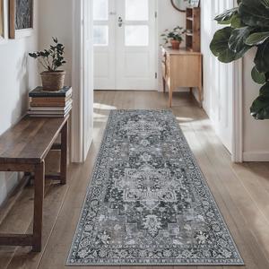 GENIMO 2x5 Runner Rugs for Hallway, Machine Washable Non Slip Vintage Rugs, Low Pile Lightweight Soft Print Rug for enrtyway, Corridor, Home Office, Kitchen,Dark Gray