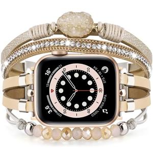 VISOOM Beaded Boho Bracelet Compatible for Apple Watch Band 46mm/45mm/44mm/42mm Series 10 9 8 7 SE Series 6/5/4 Women Leather Fashion Cute Handmade Multilayer Wrap Watch Strap for iWatch Bands 3/2/1