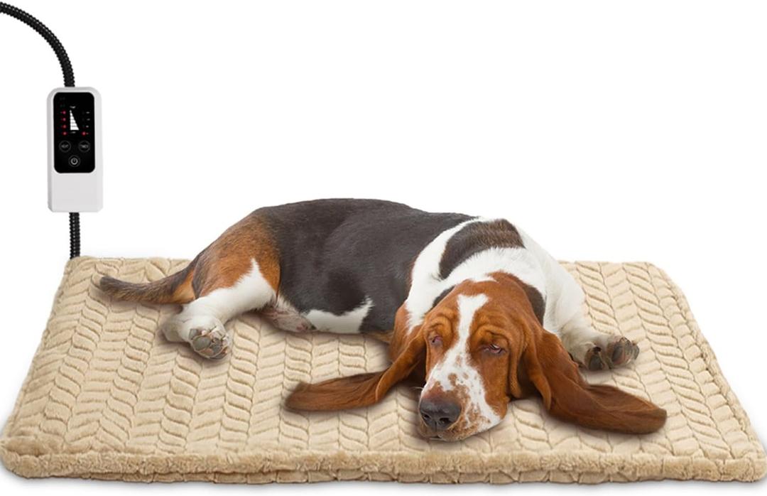 Heeyoo Pet Heating Pad, Adjustable Temperature Dog Cat Heating Pad with Timer, Waterproof Heated Dog Bed with Chew Resistant Cord, Auto Power-Off Indoor Pet Heated Mat for Dogs and Cats, 28" x 16" (Khaki)