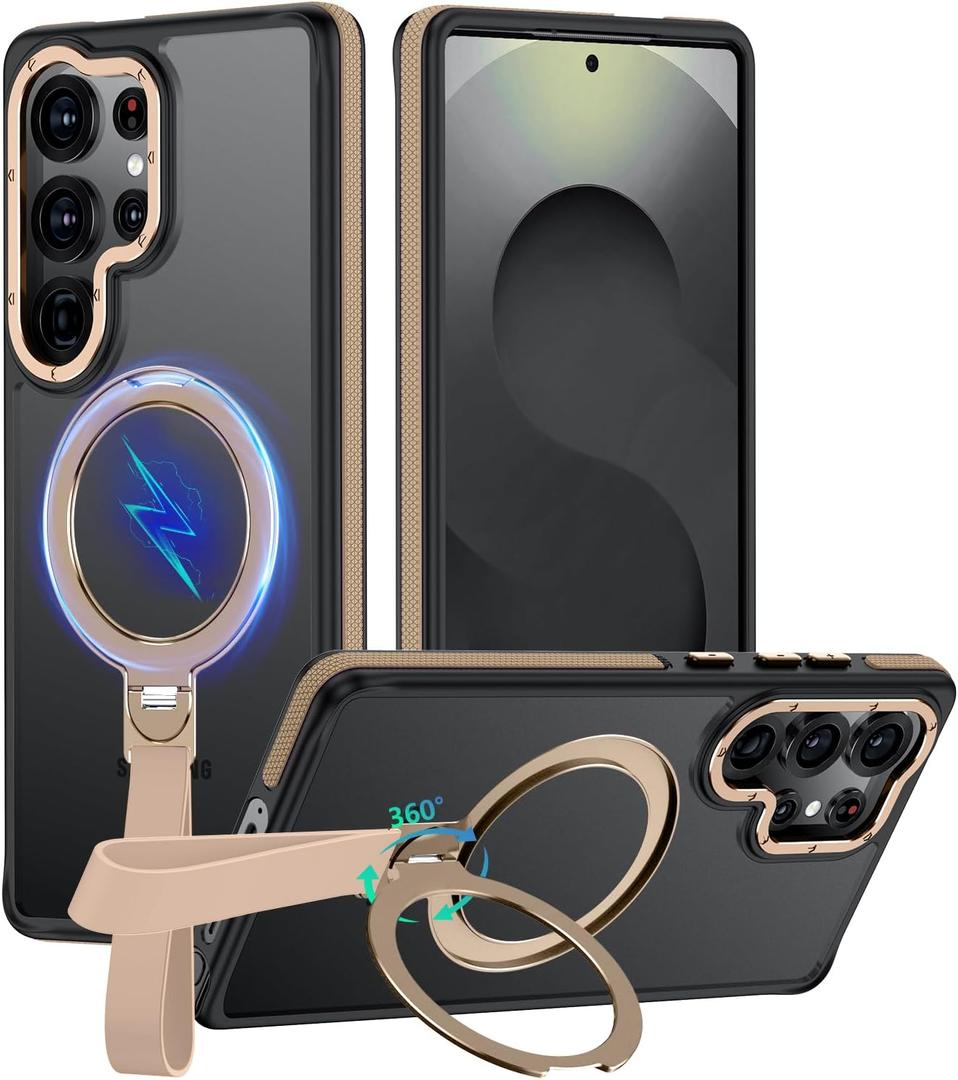 360Spin Magnetic Stand with Silicone Strap for Samsung Galaxy S25 Ultra Case[Fit for MagSafe], Mil-Grade Shockproof Translucent S25 Ultra Phone Case with Kickstand Rotatable (Desert Gold)