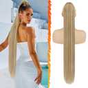 BARSDAR Drawstring Ponytail Extension - 34 Inch Long Straight Blonde Ponytail Hair Extensions Synthetic Fake Pony Tails Hairpieces Clip in Ponytail for Women Girls Daily- Light Ash Blonde Mixed