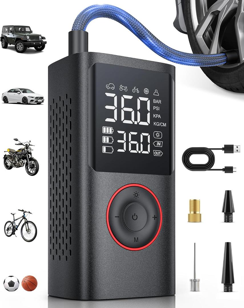 Powools Tire Inflator Portable Air Compressor, 150 PSI Cordless Bike Pump, Air Pump for Auto, Motorcycle, Bicycle, Balls with Pressure Gauge, LED Light & Car Accessories, Black, Standard Capacity
