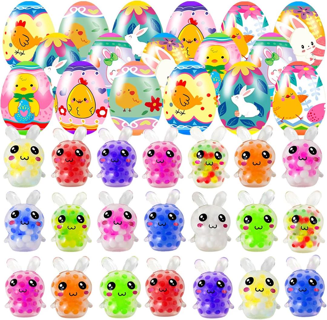 24 Pack Prefilled Easter Eggs with Squeeze Toys Colorful Easter Eggs with Variety Easter Stress Balls Great for Easter Basket Stuffers and Party Favors Easter Egg Fillers