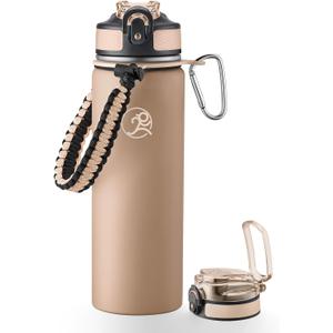 GOSWAG Insulated Sports Water Bottle, 24oz 2 Lids(with Straw/No Straw), Stainless Steel Water Bottles with Paracord Handle, Insulated Bottle with Double-Wall Vacuum Insulation (Matte Latte Brown)