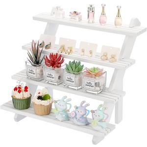 ELLDOO 4-Tier Wooden Display Riser, Retail Jewelry Card Display Stand, Rustic White Wooden Cupcake Stand Shelves, Organizer Showcase Cascading Merchandise Organizer Rack Vendor Display Supplies