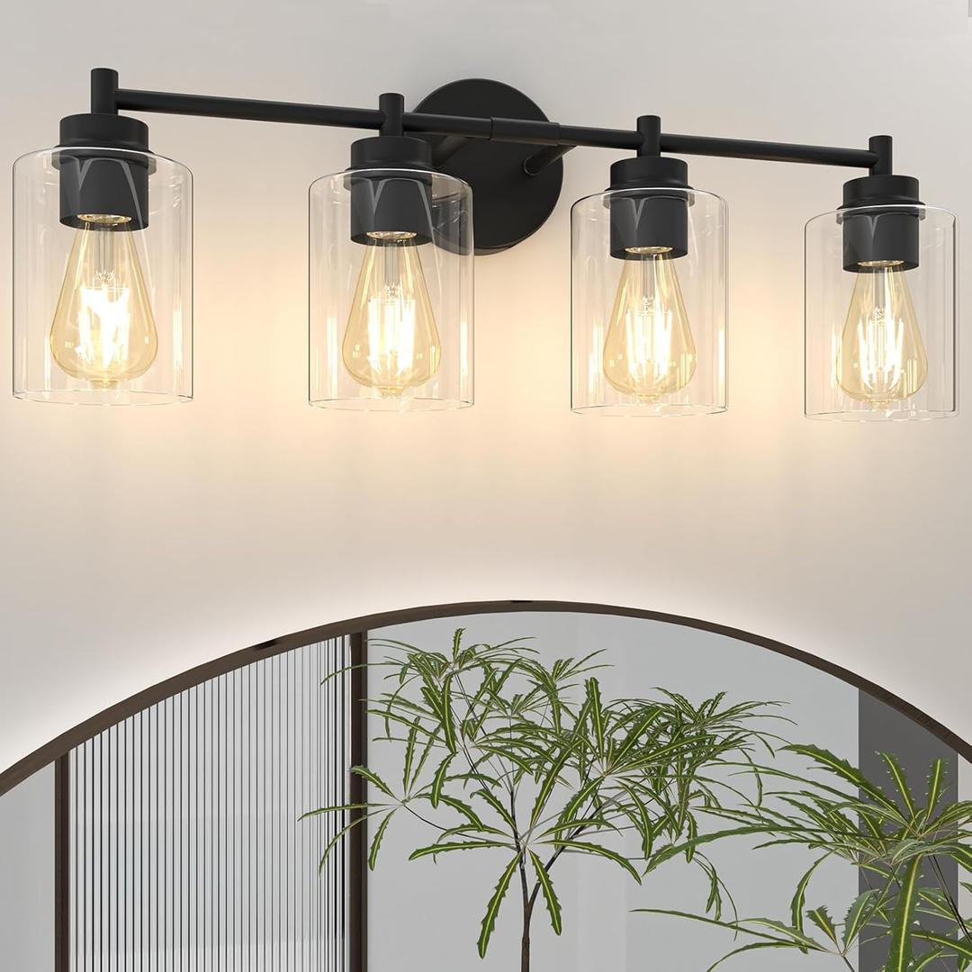 4-Light Bathroom Light Fixtures, Matte Black Modern Vanity Light with Clear Glass Shades, Bathroom Sconce for Mirror Living Room Cabinet Bedroom Porch,E26 Base(Bulbs Not Included)